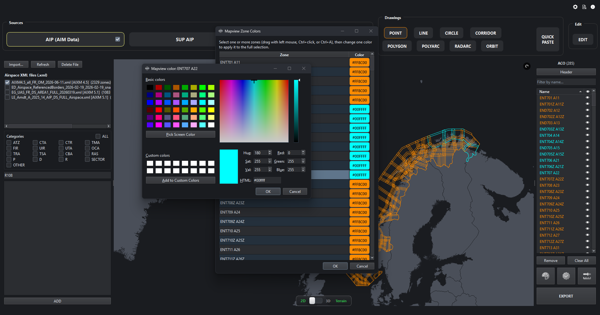ANETH affichant la personnalisation des couleurs de zones